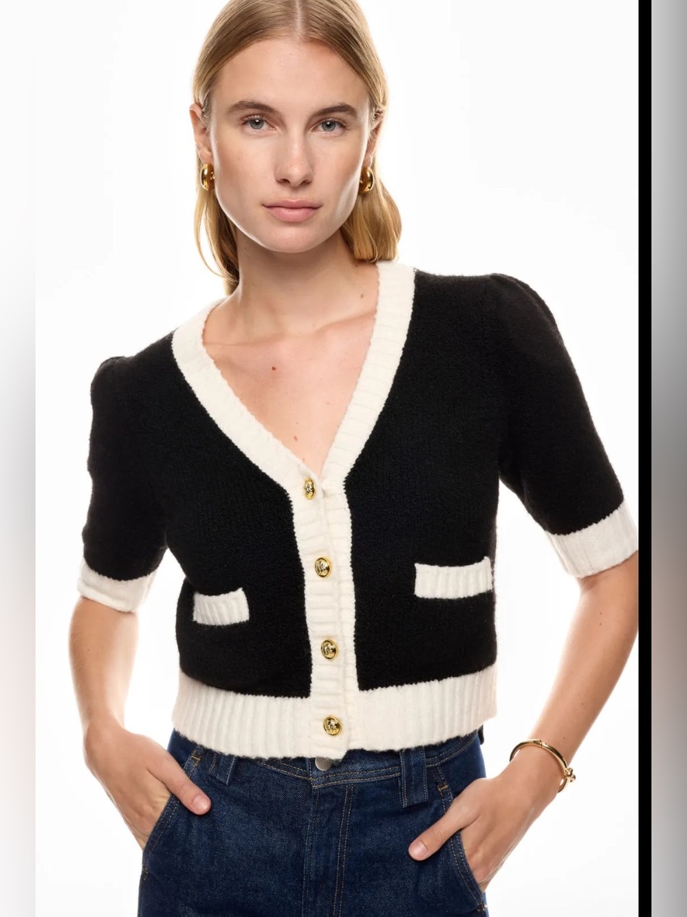CeCe Women's Black/White Short Sleeve Cardigan. Size L. V Neck Gold Buttons